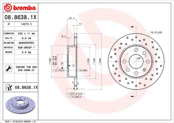 COPPIA DISCHI FRENO BREMBO 08.8638.1X  per OPEL CORSA C (X01), CORSA C Furgone/h
