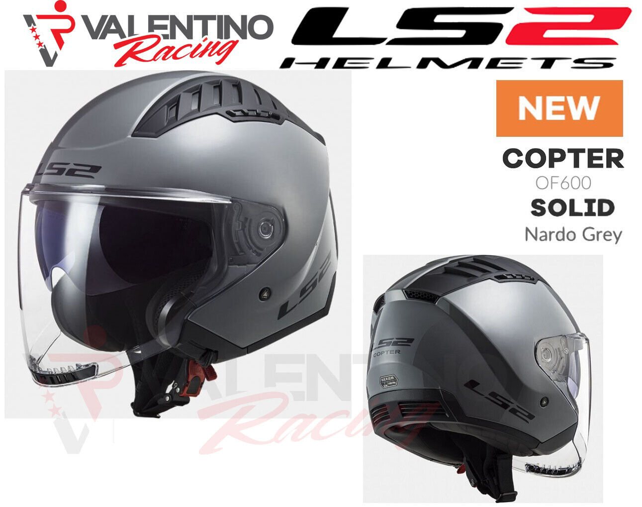 LS2 OF600 COPTER CASCO JET GRIGIO NARDO GREY LUCIDO DOPPIA VISIERA TG XL 61/62