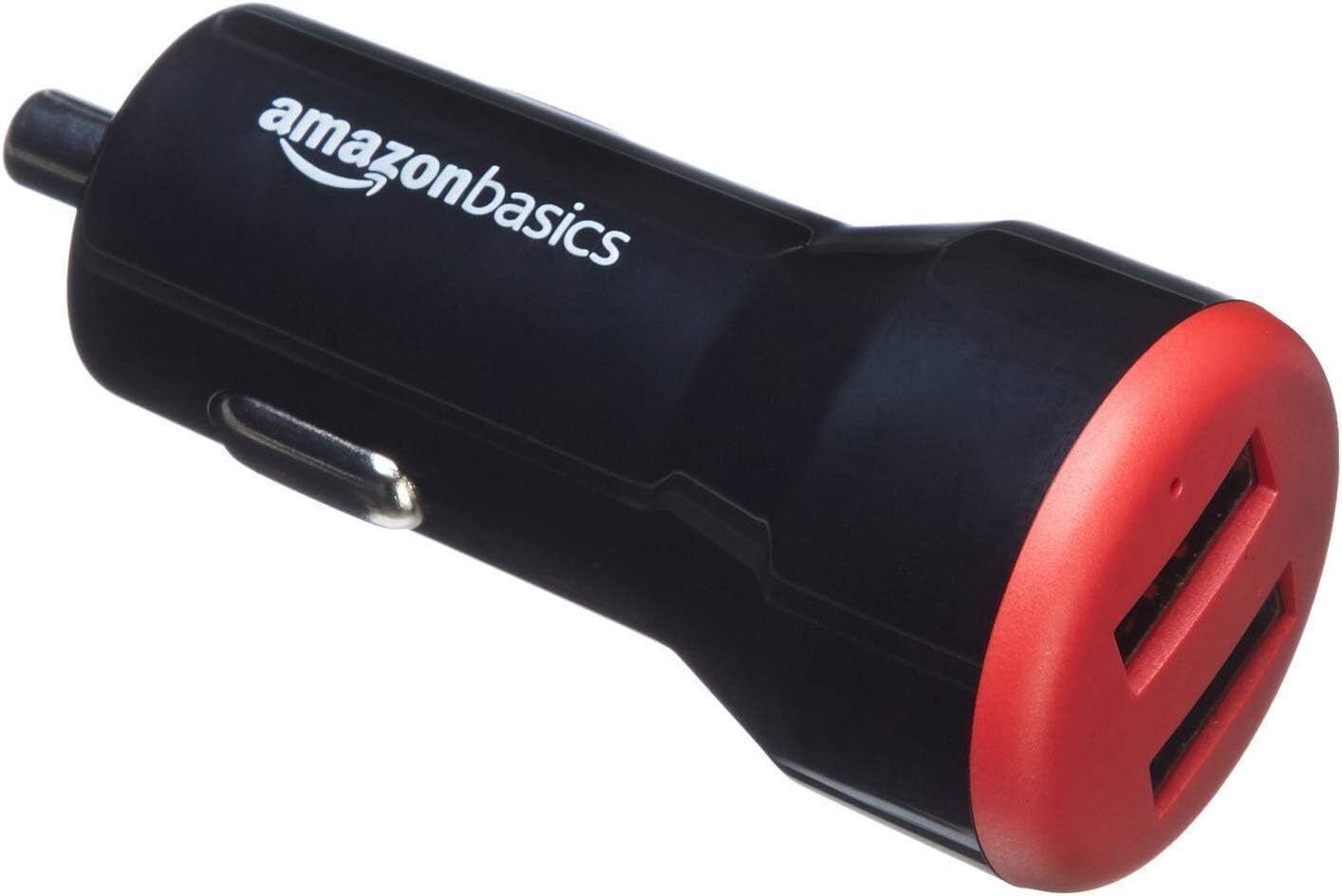 Amazon Basics 24W Two-Port USB-A Car Charger for Phones 2 porte, Nero/Rosso