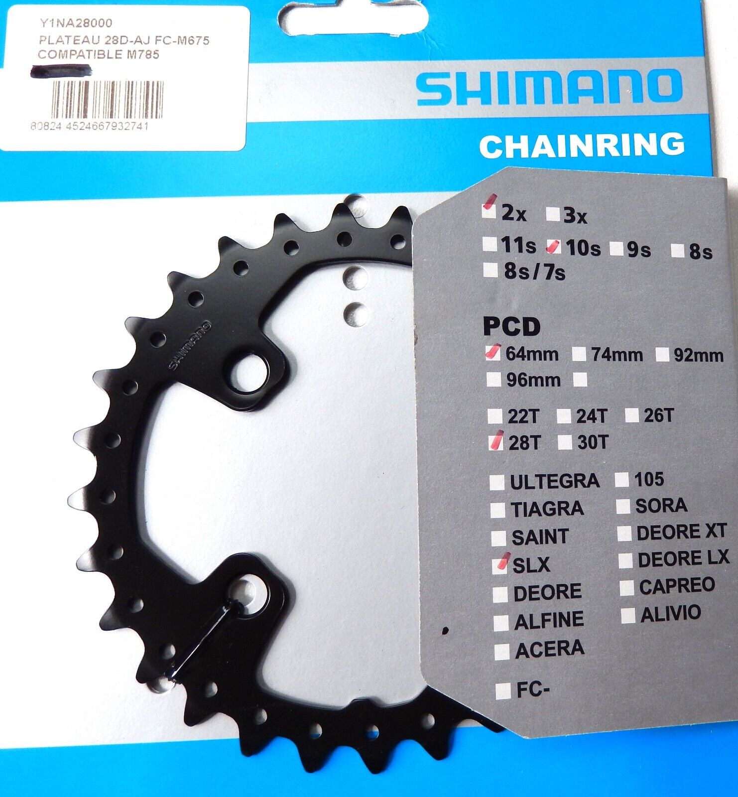 PIATTO SHIMANO SLX FC M675 28 DENTI PER 2 X 10 VELOCITÀ INTERASSE 64 NUOVO
