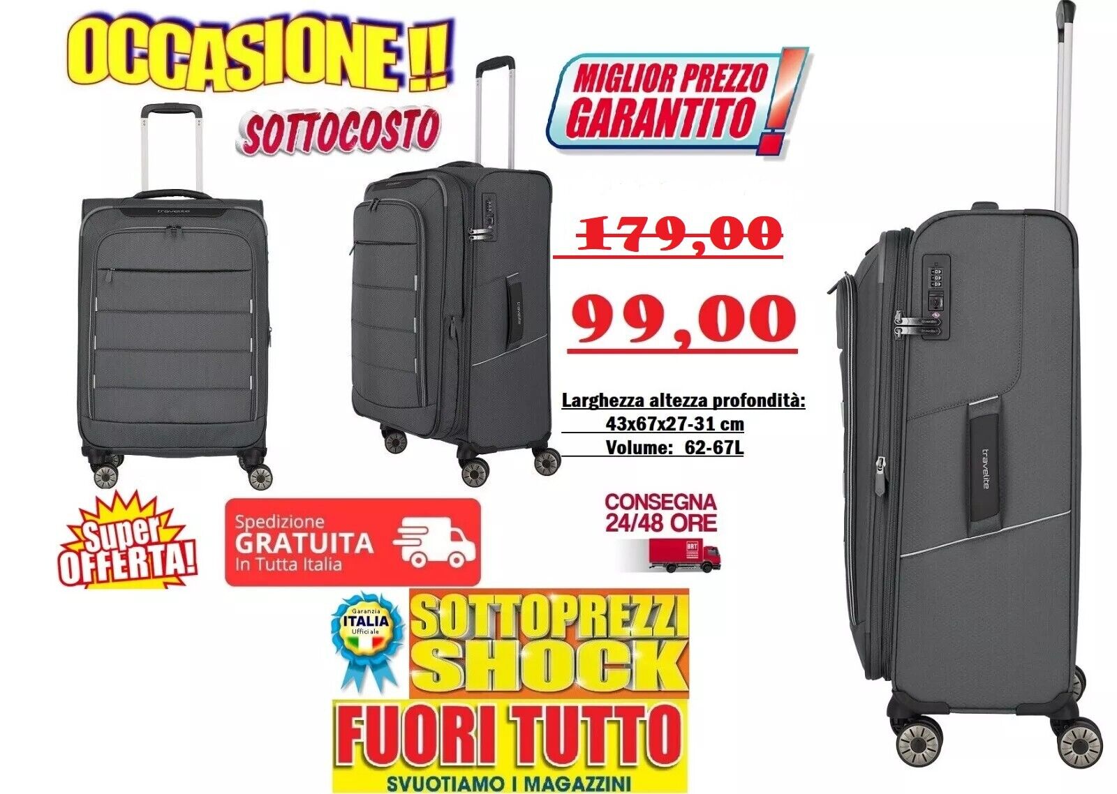 TROLLEY MEDIO TRAVELITE SKAII 4W GRIGIO ROBUSTO LEGGERO ELEGANTE COD: 92648 04