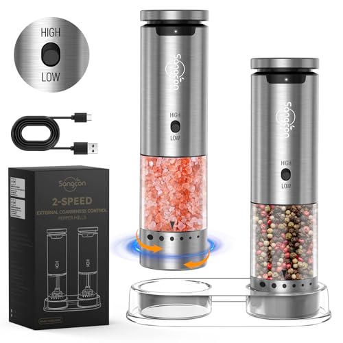 Sangcon 2 Velocità Ricaricabile Set Macina Sale E Pepe Elettrico, 6 Livelli Di Grana Regolabili Esternamente, Macina Sale E Pepe Automatici, Funzionam