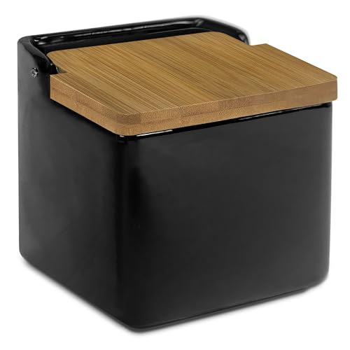 Tienda Eurasia | Saliera Da Cucina In Ceramica Con Coperchio | Design Originale E Moderno | Coperchio In Materiale Di Bambù | Colore Nero Opaco | Misu