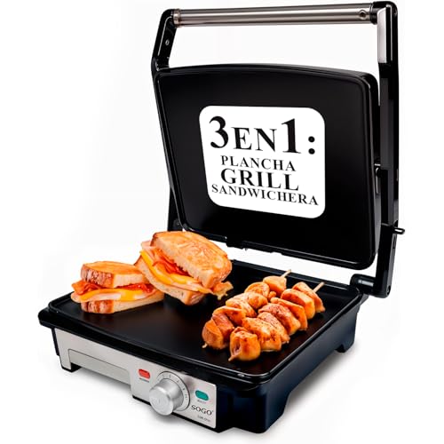 Sogo Ss-7131 Panini Grill 2000 W Surface 28 X 22 Cm With Non-Stick Plates And 180° Opening Stainless Steel Silver