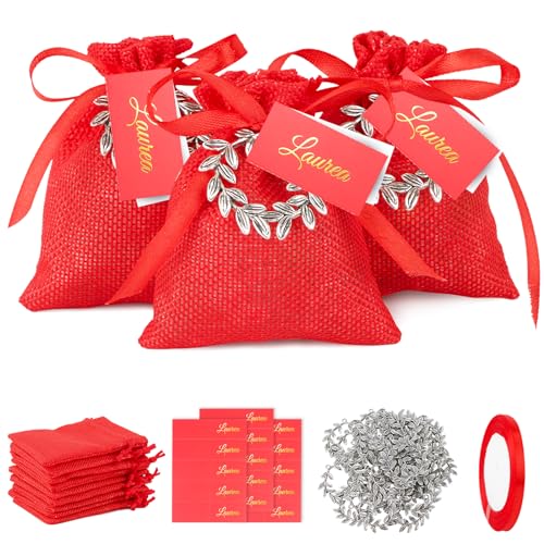 24Pz Bomboniere Laurea Sacchetti Portaconfetti Ciondoli Corona D'Alloro Sacchetti Iuta Rossa Biglietti Laurea Nastro Rosso Addobbi Laurea Festa Bombon