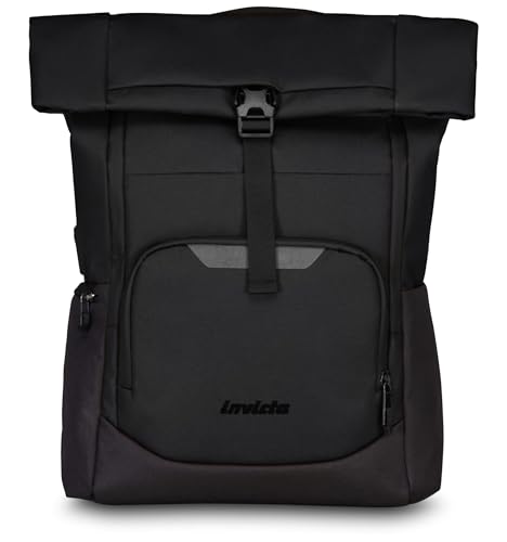 Invicta Zaino Ufficio Act Fold, Zaino Monoscomparto Roll-Top Con Fondo Rinforzato, Nero, Nastro Per Alloggiamento Asta Trolley, Tasca Interna Porta Pc