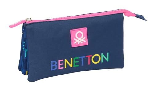 Safta Benetton Damero - Astuccio Triplo, Astuccio Per Bambini, Ideale Per Bambini In Età Scolastica, Comodo E Versatile, Qualità E Resistenza, 22 X 3