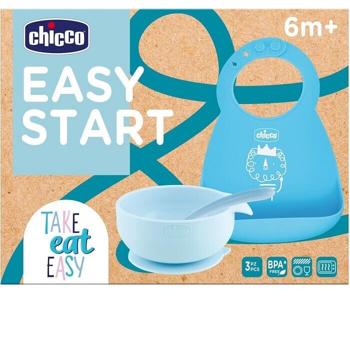 Chicco Set Pappa Silicone Antiscivolo Set Svezzamento 3 Pezzi 6M+ Azzurro