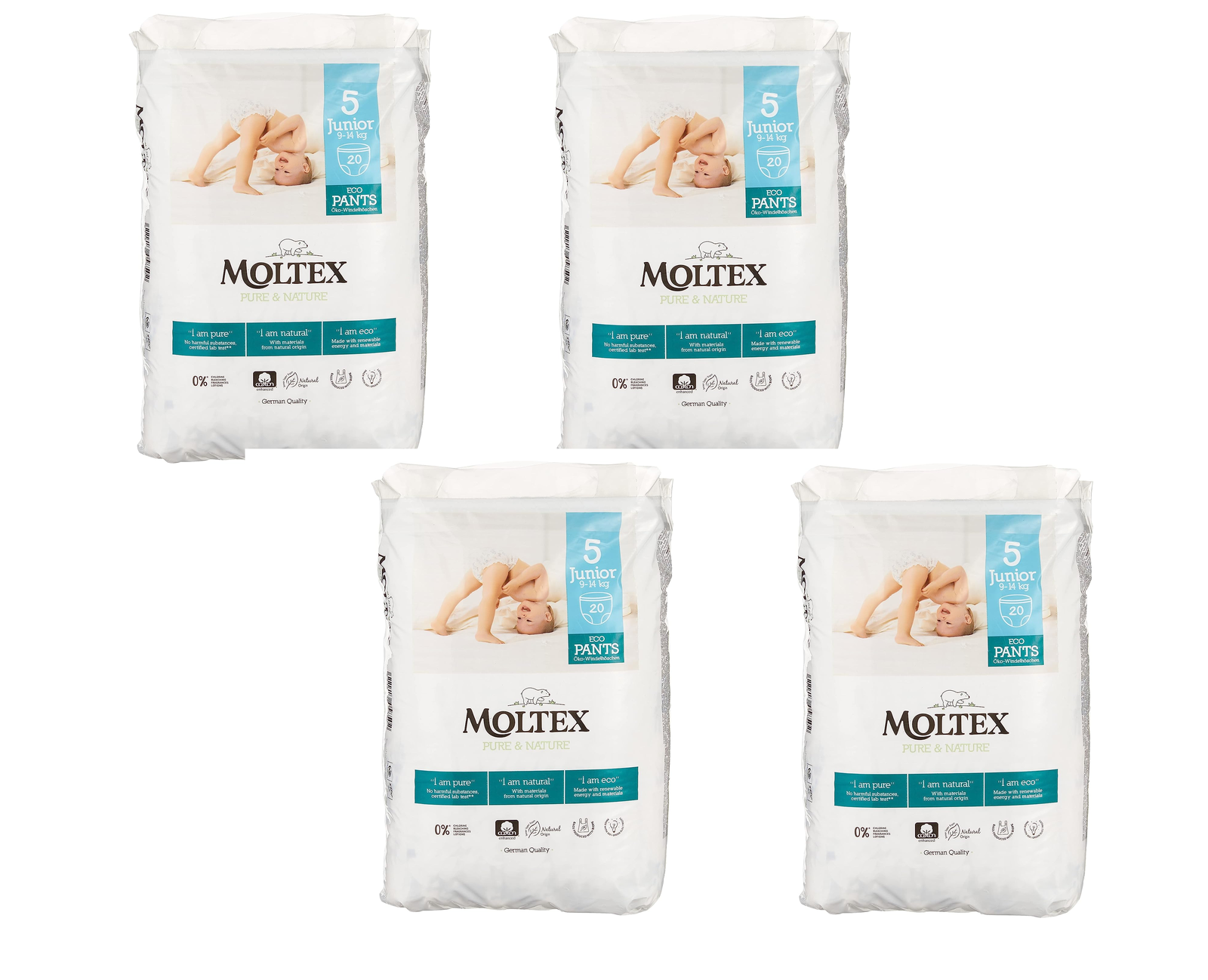 4 PACCHI DI MOLTEX PANNOLINI  ECO PANTS TG. 5 9/14 KG  20 PEZZI