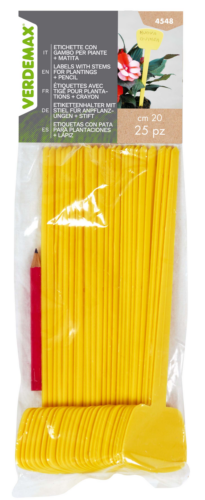 etichette gialle con gambo per piante + matita Verdemax - 25 pezzi cm. 20