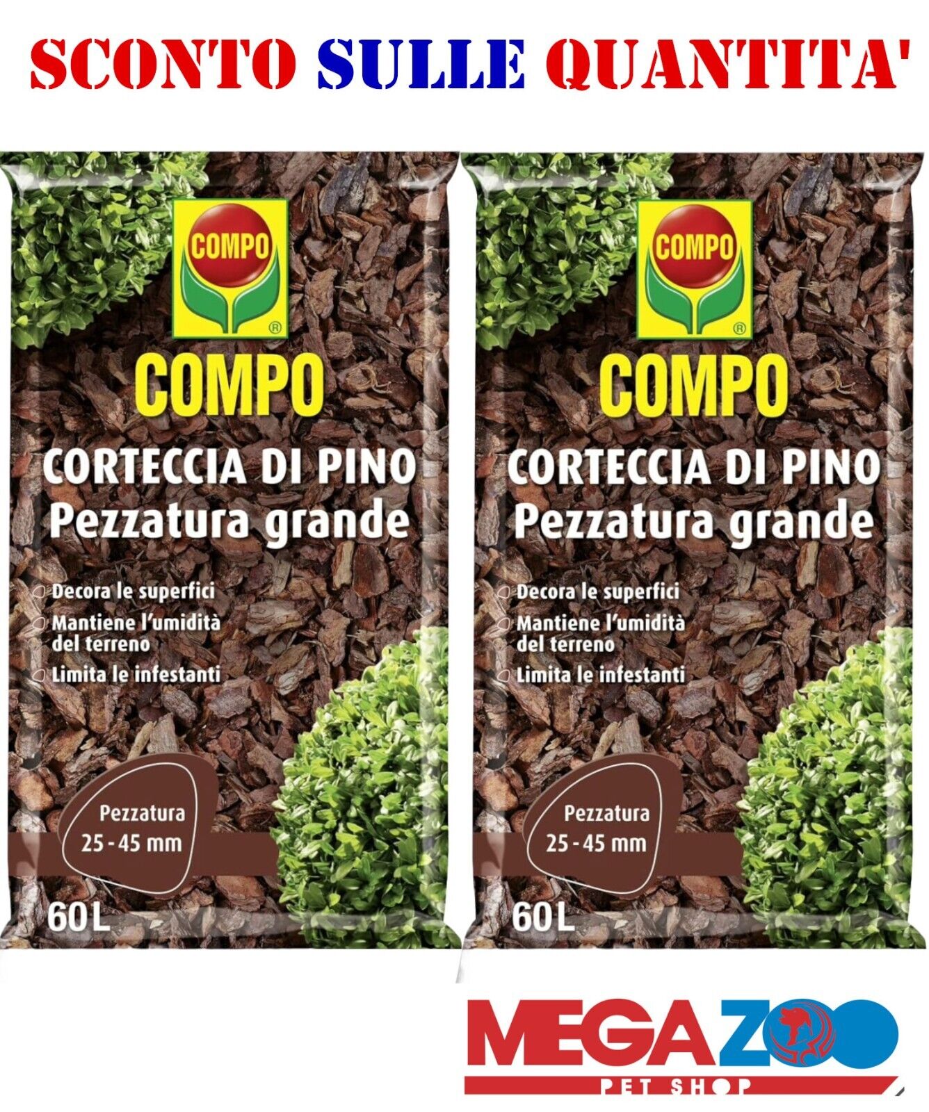 COMPO Corteccia di Pino Pezzatura Grande,Pacciamatura e Decorazione 60 LT 2 CONF