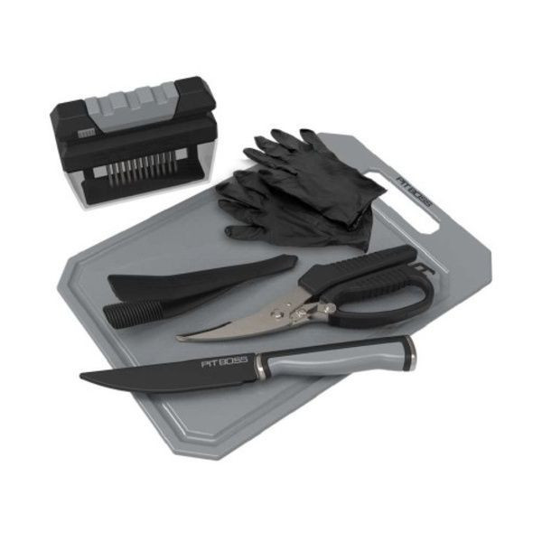 Set 7 Utensili Pit Boss Tagliere Guanti Coltello Forbici Batticarne - 41198