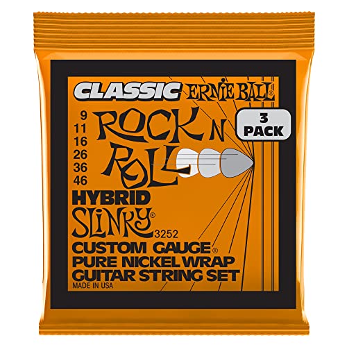 Ernie Ball Hybrid Slinky Classic Rock N Roll, Corde Per Chitarra Elettrica Avvolte In Puro Nichel, Confezione Da 3, Diametro 9-46