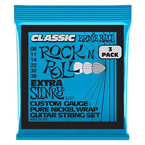 Ernie Ball Extra Slinky Classic Rock N Roll, Corde Per Chitarra Elettrica Avvolte In Puro Nichel, Confezione Da 3, Diametro 8-38