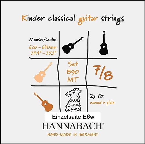 Hannabach Corde Per Chitarra Classica Serie 890 Mt Per 7/8 Chitarra Per Bambini Mensur: 62-64Cm - Re6 Wound - 8906Mt 7/8