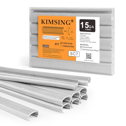 Kimsing Sc7 15 Gauge 3/4'' Crown C Ring Staples C-Rings Hog Rings, Wire Fencing Staples, Fasteners For C Ring Gun, Hog Ring Tool, C Ring Plier, 1000 P