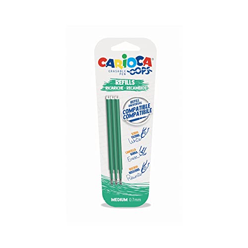 Carioca Oops Ricariche Penna Cancellabile Verde, Refill Compatibile, Inchiostro Termosensibile, 3 Pezzi, Colore Verde