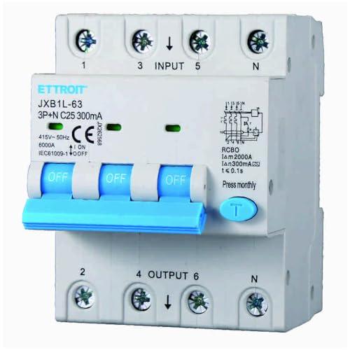 Interruttore Magnetotermico Differenziale 3P+N, 4 Moduli, 415Vac, 25A, 300Ma, 6Ka, Classe A - Ettroit Jx262568