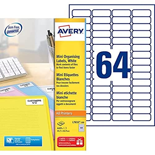 Avery L7652-100 - Etichette Per Stampante Laser, Dimensioni 45,7X16,9 Mm, 6.400 Pezzi, Bianco