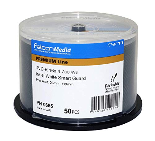Falconmedia Smartguard Bianco Inkjet Dvd-R – 16 X, 4.7 Gb, Hub-Printable, Resistente All' Acqua – 50 Pezzi