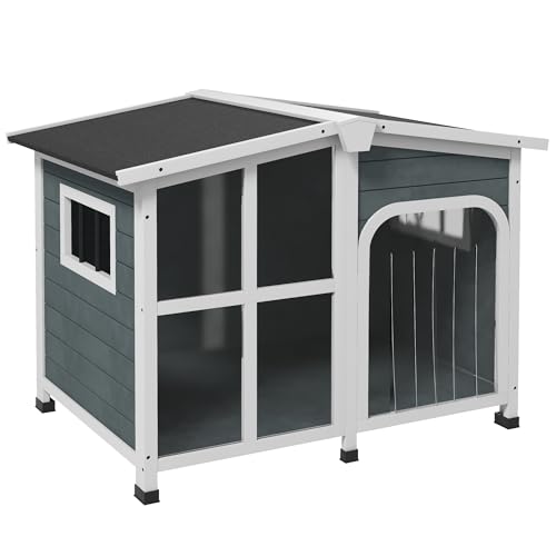 Pawhut Cuccia Per Cani Da Esterno In Legno, Casetta Per Cani Con Tenda Protettiva, Finestra E Tetto Apribile, Cani Taglia Media Max. 20 Kg, 101X66.5X7