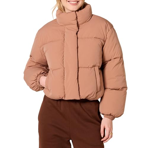 Amazon Essentials Piumino Corto Con Cerniera A Tutta Lunghezza (Pile Trapuntato Opaco O Sherpa) Donna, Marrone Chiaro, Xxl