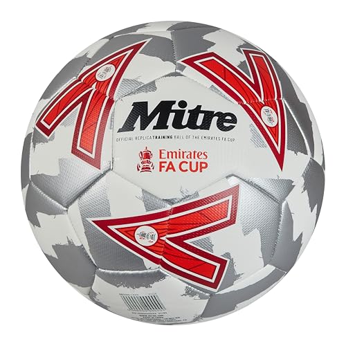 Mitre Training Fa Cup Football Pallone Da Calcio, Unisex Adulto, Bianco/Argento/Rosso, 5
