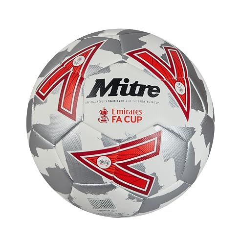Mitre Training Fa Cup Football Pallone Da Calcio, Unisex Adulto, Bianco/Argento/Rosso, 4