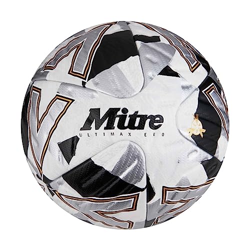 Mitre Ultimax Evo Pallone Da Calcio Professionale, Tecnologia Reattiva Hyperfoam, Bianco/Argento/Nero, 5