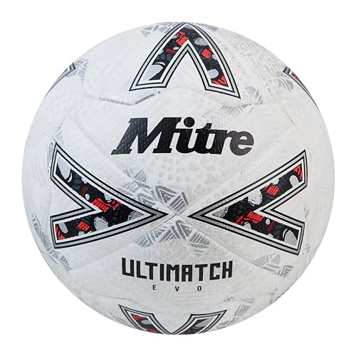 Mitre Ultimatch Pallone Da Calcio, Controllo Ottimizato, Ottima Durata E Precisione, Bianco/Bianco Sporco/Argento Trophy, 5
