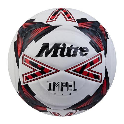 Mitre Impel Evo Pallone Da Calcio, Da Allenamento, Durevole, Tecnologia Hyperseam, Bianco/Nero/Rosso Bib, 3