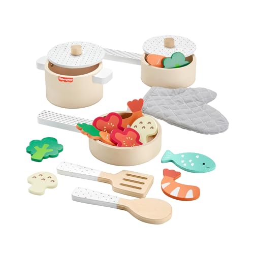 Fisher-Price - Set In Legno Cuciniamo Insieme, Playset A Tema Cucina Con 19 Pezzi In Legno Tra Cui Pentola, Padelle, Vivande E Utensili Vari Da Cucina