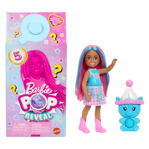 Barbie - Chelsea Pop Reveal Serie Frullati, Mini Bambola Profumata Con Cucciolo Interattivo E 5 Soprese Con Effetto Cambia Colore Incluse, Giocattolo