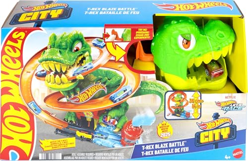 Hot Wheels City - T-Rex Battaglia Infuocata, Playset Stazione Dei Pompieri Con Dinosauro Occhi Rotanti E Pista Per Gareggiare, Camion Dei Pompieri Inc