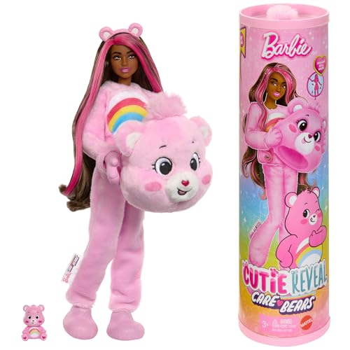 Barbie - Cutie Reveal Serie Care Bears, Bambola Con Costume Di Orso Di Peluche Cheer Bear, 10 Accessori A Sorpresa Cambia Colore Tra Cui Un Mini Orso