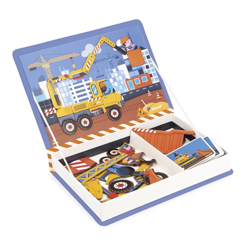Janod Magnéti'Book Véhicules Du Chantier-Gioco Magnetico Educativo 50 Magneti + 18 Modelli-Giocattolo In Cartone Fsc Per Bambini-Sviluppa La Destrezza