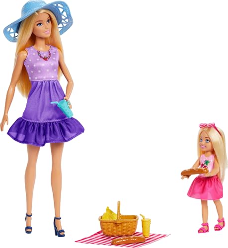Barbie - Famiglia E Amici, Set Con Bambole Barbie Malibu E La Piccola Chelsea, Più Di 9 Accessori E Abiti A Tema Picnic Inclusi, Giocattolo Per Bambin
