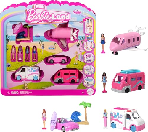 Barbie Mini Barbieland Reveal, Set Con 4 Mini Veicoli Iconici E 4 Mini Bambole Abbinate, Effetto A Sorpresa Cambia Colore, Giocattolo Per Bambini, 4+ 