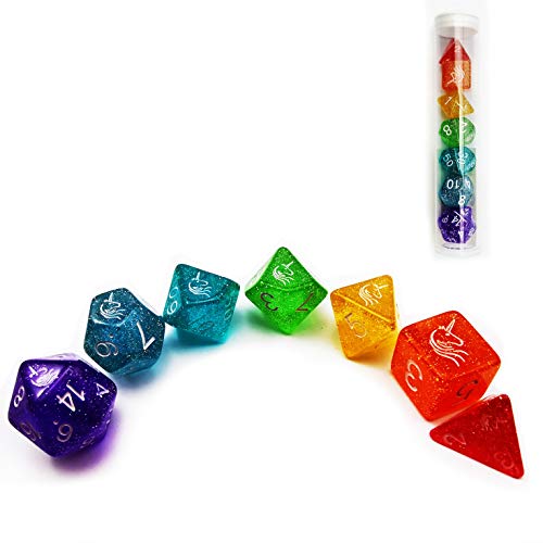 Bescon Unicorns Rainbow Sparkled Polyedral D&D Dice Set Di 7 Dadi Da Gioco Di Ruolo Colorati Rpg, 7 Pezzi
