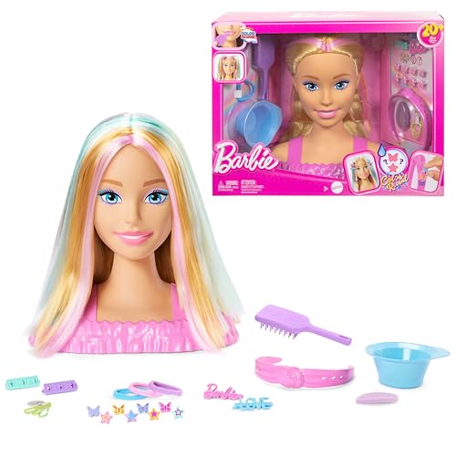 Barbie - Testa Pettinabile Deluxe, Capelli Biondi Con Oltre 20 Accessori Per Acconciature, Fermagli Per Capelli A Stella O Farfalla Cambia Colore, Gio