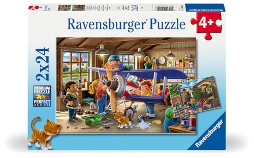 Ravensburger - Puzzle Manutenzione Di Treni E Aerei, Puzzle 2X24 Pezzi, Puzzle Bambini 4 Anni, 26X18 Cm