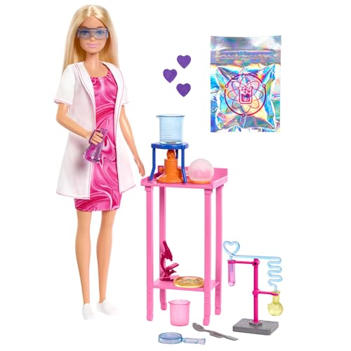 Barbie Carriere - Scienziata, Set Bambola Bionda Con Camice Bianco Da Laboratorio E Accessori Inclusi, Tavolo, Microscopio E Becher Cambia Colore, Gio