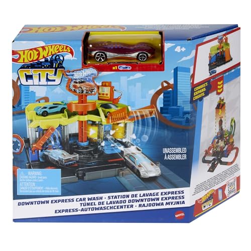Hot Wheels - Autolavaggio Express Della City, Playset Collegabile A Piste Con Rullo In Schiuma E Alette Di Asciugatura, Macchinina Hot Wheels Inclusa,