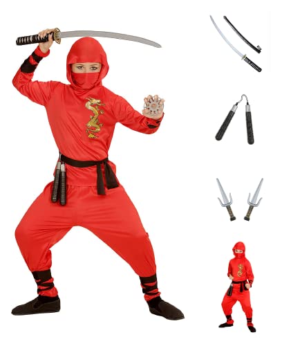 Vestito Carnevale + Accessori Red Dragon Ninja Costume Nunchaku Spada Giapponese Con Fodero Spada Sai 4/10 Anni Travestimento - 0133+6766N+2728Q+01025