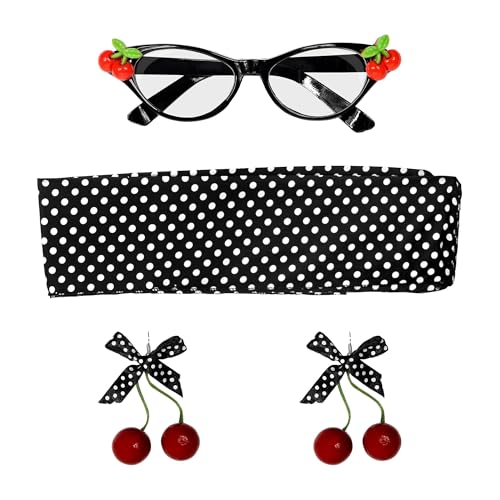 W Widmann Milano Party Fashion, Set A Tema Retrò Con Ciliegie Con Occhiali E Orecchini Fantasia, Sciarpa, Facile Manutenzione, Accessorio Per Travesti