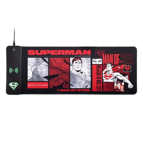 Numskull Dc Comics Superman Xl - Tappetino Per Mouse Da Gioco Rgb Con Caricabatterie Wireless Da 15 W, Led Personalizzabile, Antiscivolo, Impermeabile