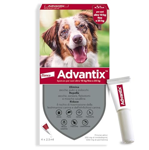 Advantix Spot-On Antiparassitario, Per Cani Da 10 Kg A 25 Kg, Elimina Zecche, Pulci, Pidocchi E Larve Di Pulce, Protegge Da Zanzare, Pappataci E Risch