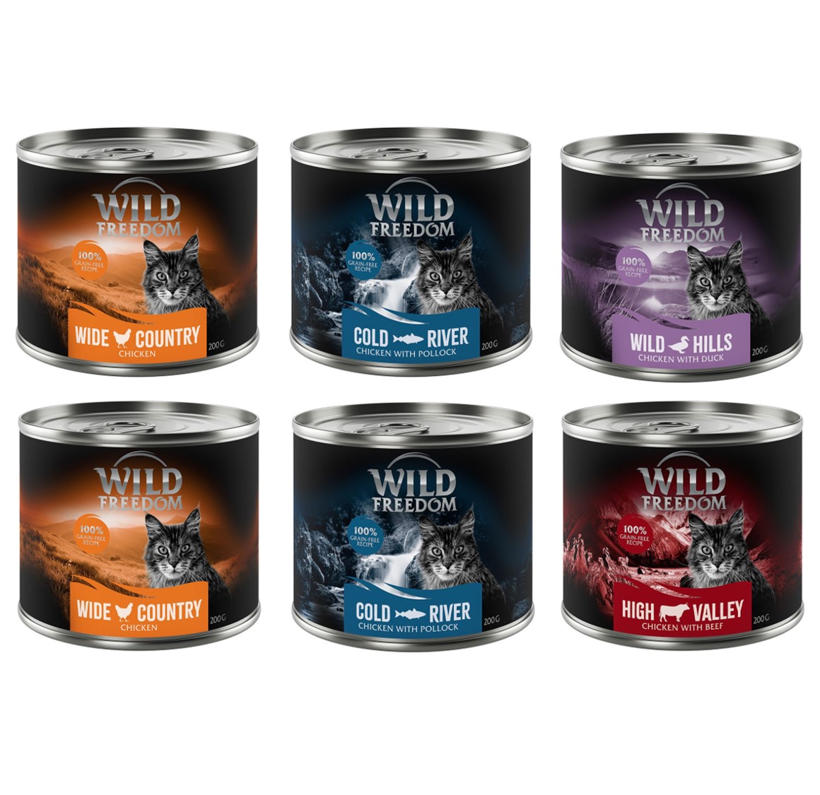 Set prova! Wild Freedom Adult lattine Umido per gatto - 6 x 200 g Mix 2: 2 x Pollo, 2 x Salmone, 1 x Manzo, 1 x Anatra