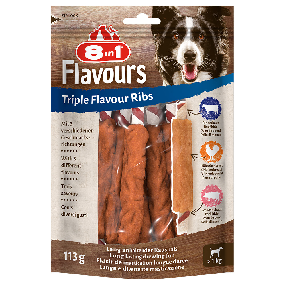8in1 Triple Flavour Ribs Bastoncini da masticare Snack per cane - 6 pz