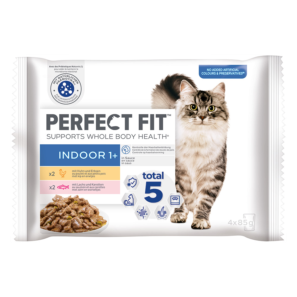 Perfect Fit Indoor 1+ Umido gatto - 4 x 85 g Pollo & Salmone Pacco misto